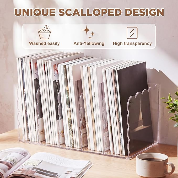 Suzile Scalloped Acrylic Magazine File Holder, 5-Compartment Clear Desk Organizer Vertical Bookends Organization for Office, Binders, Documents, Tablets, Magazines, Books(13.98 x 7.28 x 6.5 Inches)