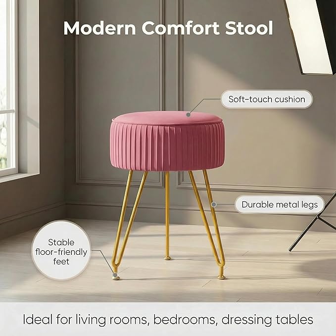 Velvet Vanity Stool, Modern Ottoman Foot Rest Stool with Adjustable Golden Legs, Makeup Chair for Vanity, Multifunctional Small Vanity Chair for Bedroom, Pink