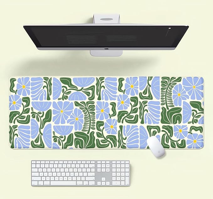 Vintage Blue Green Boho Floral Desk Mat, Abstract Geometric Botanical Large Gaming Mouse Pad with Non-Slip Base, Custom Aesthetic Mousepad for Desktop Decor, Laptop Computer Pad, 31.5x11.8 Inch