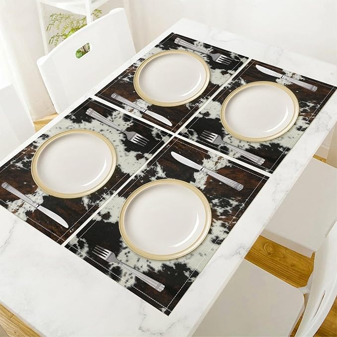 Cow Fur Placemats Farmhouse Western Farm Animal Skin Brow and White Cowhide Print Linen Washable Table Mats Stain Heat-Resistant Desktop Decor Place Mats for Home Kitchen Dining Party 12x18 in 6 Pcs