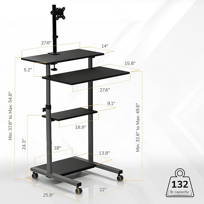 Mount-It! Mobile Computer Cart with Monitor Mount for Screen up to 32", Portable Desk on Wheels, Rolling Laptop Stand Teachers, Office, Classroom, Rise up to 53", Projector, Podium, Keyboard Tray