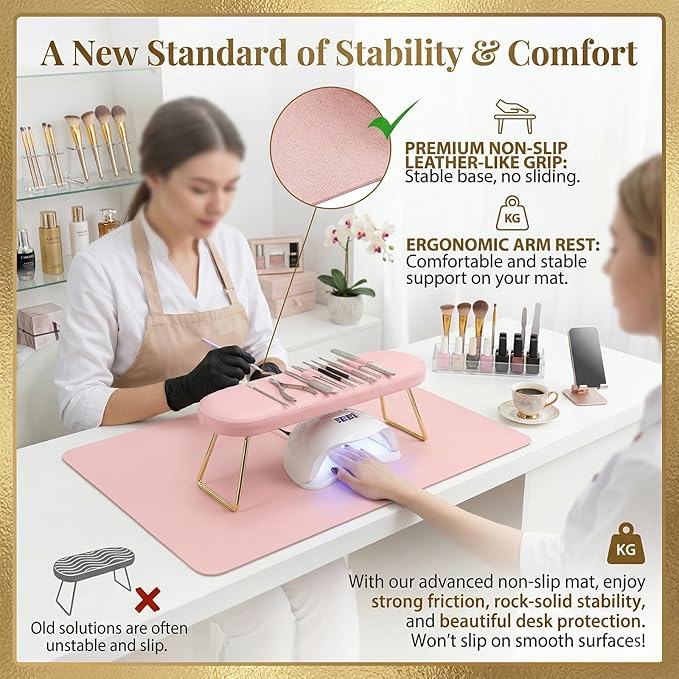 Nail Art Table Mat, Foldable Nail Hand Rest Manicure Pad, Soft Microfiber PU Leather Nail Mat, Nail Arm Rest Pad for Acrylic Nails, Nail Table Pad Desk Mat for Nail Technician Salon Home (Pink)