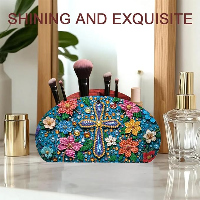 POETRYDRAW DIY Cross Diamond Art Painting Wooden Storage Box – Multi-Grid Moon Fan Makeup Brush Organizer, Double-Sided Drill Tabletop Holder for Women, Office & Home Decoration