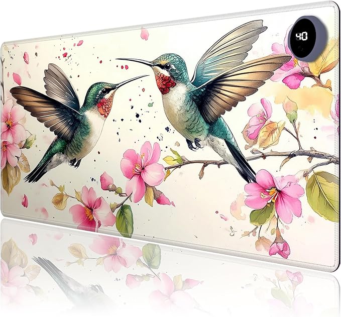 Heated Mouse Pad,Warm Desk Pad with 3 Levels Heating & 3 Hours Auto Shut-Off, PU Leather Heated Desk Pad Warmer Pad for Home Office - 31.5 x 13 inch,Watercolor Hummingbird