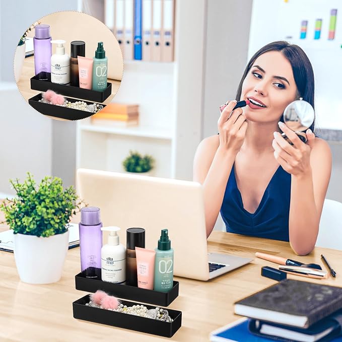 Teling 4 Pcs Black Large Rectangular Desk Organizer Set, Half Accessory Tray, Plastic Tabletop Organizer for Office, Home, or Study, Dimensions: 9.45 x 2.95 x 1.38 Inches