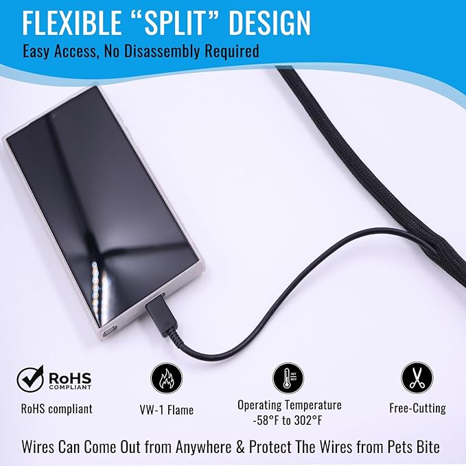 1/4" Braided Cable Sleeve - 10Ft Cat Cord Protector Split Wire Loom Tubing Flexible Self Wrapping for USB, Audio, Automotive Cord, Dog Chew Proof Cable Protector - Black