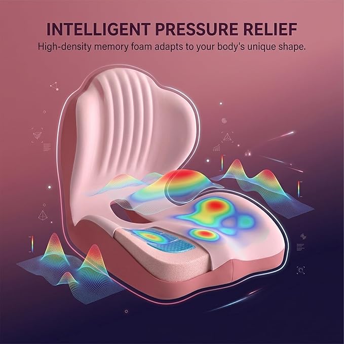 SakerPlus Seat Cushion Chair Cushions Ergonomic Memory Foam Seat Cushion, L-Shaped Office Chair Cushion & Car Seat Cushion for Long Sitting, Lower Back Support Pillow for Office, Home, Driving (Pink)