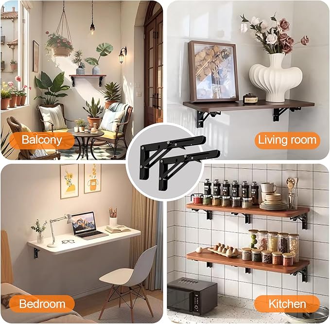 Folding Shelf Brackets 8 inch Foldable Shelf Bracket Heavy Duty Collapsible Shelf Brackets DIY Wall Mounted Fold Down Table Bracket Space-Saving for Benches Workstation (4PC, Max.Load 133 lbs)