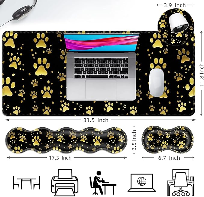 Ergonomic Mouse Pad Set with Wrist Support for Keyboard and Wrist Rest for Mouse, Memory Foam Comfort, Non-Slip Large Desk Mat for Home Office Pain Relief,Dog Gold Paw Prints