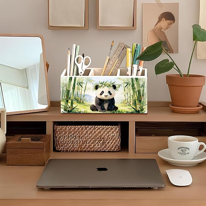 Panda Pen Pencil Holder for Desk Accessories, Cute Panda Gifts for Women & Kids, Wild Animal Wooden Box Sign Decorations for Kids Room Home Office Desk Tabletop