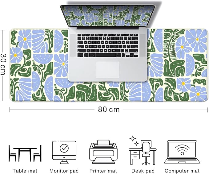 Vintage Blue Green Boho Floral Desk Mat, Abstract Geometric Botanical Large Gaming Mouse Pad with Non-Slip Base, Custom Aesthetic Mousepad for Desktop Decor, Laptop Computer Pad, 31.5x11.8 Inch
