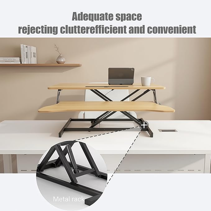 32 Inch Height Adjustable Stand Up Desk Riser, Heavy Duty Computer Workstation with Removable Keyboard Tray - Ergonomic Design for Home Office Workshop Gaming, Spacious Platform(Natural)