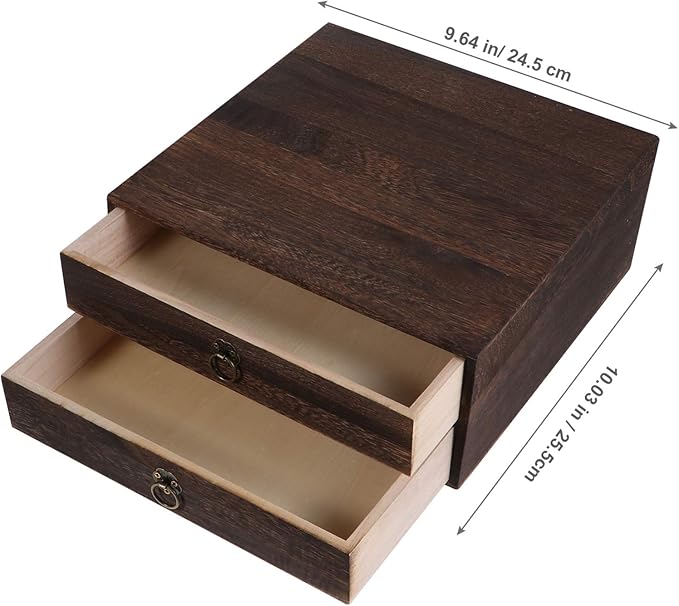 Cabilock Wooden Desktop Drawer Organizer Retro Storage Box with Pull Ring Vintage Style for Office and Home Desk Accessories 10.03X9.64X4.33 Inches