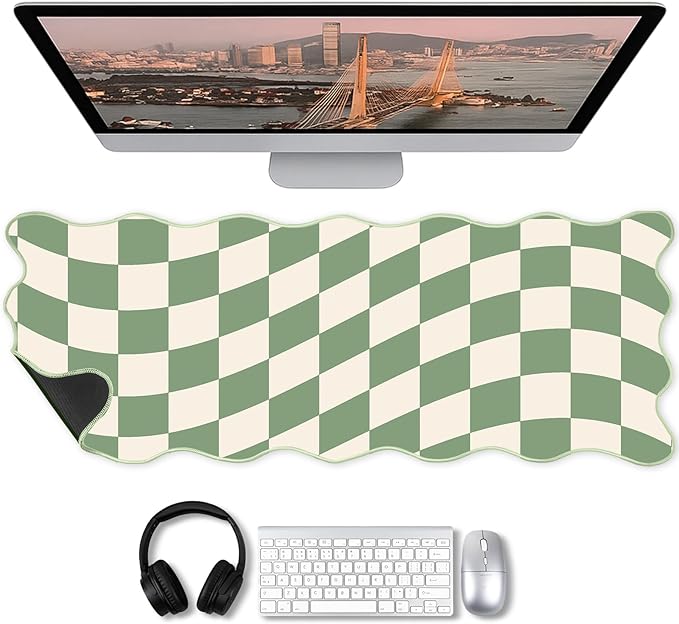 Copkim 1 Pcs Scalloped Green Checkered Desk Mat 31.5 x 11.8 Inch Large Cute Mouse Pad Computer Mat Non Slip Waterproof Rubber Base with Border Stitching Soft Keyboard Pad for Home Office Gaming Makeup