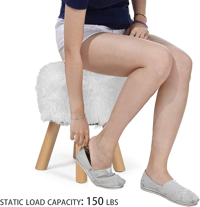 Asense Small Round Ottoman Foot Rest Stool Faux Fur Padded Seat Footstool Ottoman with Non-Skid Wooden Legs (White,Long Leg Version,Faux Fur)