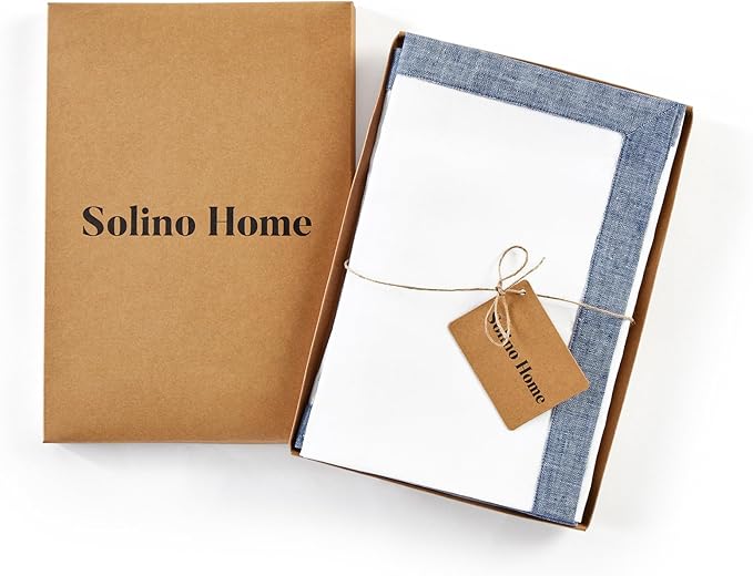 Solino Home Linen Napkins Set of 4-100% Pure Linen Chambray Indigo and White Dinner Napkins Cloth 20 x 20 Inch for Spring, Summer - Classic, Handcrafted and Machine Washable