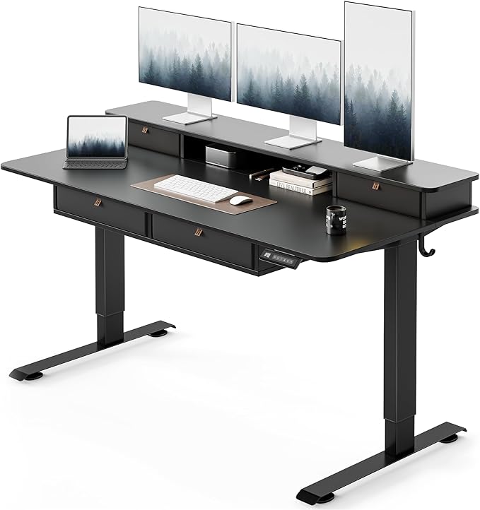 FEZIBO 60 x 30 inch Standing Desk with Drawers, Height Adjustable Electric Workstation, Computer Sit Stand Up Table with Large Storage Shelf 4 Drawers and 2 Hooks, Black