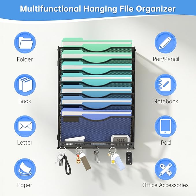 Gawerk Hanging Wall File Organizer with 5 Hooks - Wall Mounted Mail Paper Document Folder Holder, Sturdy Mesh Magazine Rack for Office Home (7+1 Tier)