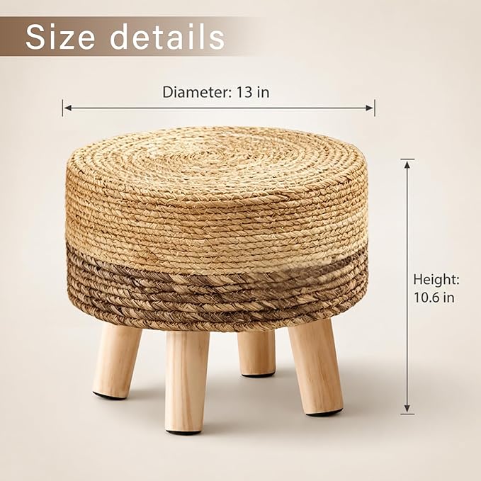 Wimarsbon Round Foot Stool Natural Seagrass Poufs Ottoman Hand Weave Footrest Stool for Couch Desk Extra Seat Step Stool with Solid Wood Legs for Hallway Patio Lounge Brown