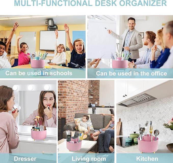 Cayxenful Pencil Holder For Desk,5 Slots 360°Degree Rotating Desk Organizers And Accessories,Desktop Storage Stationery Supplies Organizer, Cute Pencil Cup Pot For Office, School, Home (D-Pink)