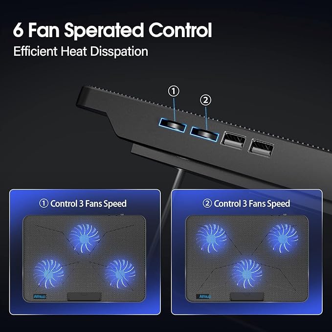 AIMIUZI Laptop Cooling Pad, Gaming Laptop Cooler with 6 Quiet Fans, Laptop Fan Cooling Pad Fits 12-17 Inch Laptop, USB Port Powered, 7 Adjustable Height