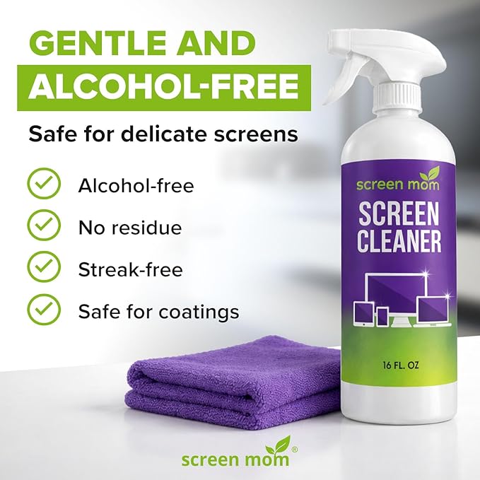 Screen Mom Screen Cleaner Spray and Microfiber Cloth 2-Pack (2x16oz) Screen Cleaner Spray and Wipe for TV, Computer, Phone, iPad, Car Screen Cleaning Kit Electronic Cleaner Spray