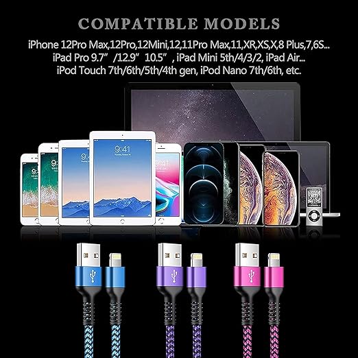 3Pack Lightning Charger Cable for iPhone 14/13 Pro Max/13Pro/13 Mini/12/11/10/X/XR/XS/8 Plus, 6Ft Apple Original Braided Long Charging Cords Fast Charging Lightening Multicolor Powerline Chord Wire