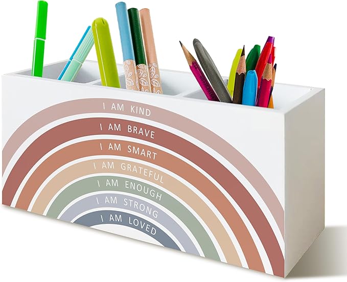 Red Boho Rainbow Positive Affirmations Pen Pencil Holder for School Classroom Office Desk, I Am Kind Brave Smart Inspirational Makeup Brush Toothbrush Holder Organizer for Bathroom Vanity