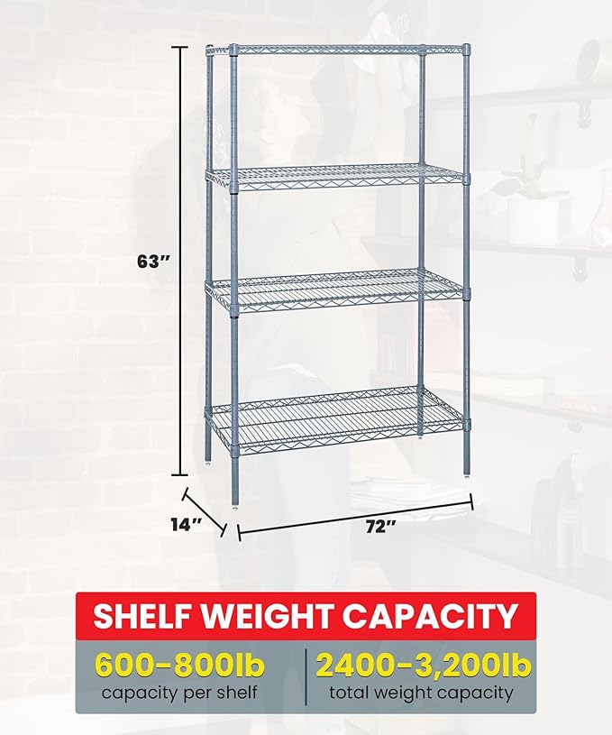 Quantum Storage Systems WR63-1472GY Wire Shelving 4 Shelf Wire Starter Units, 14" x 72" x 63", Gray Epoxy
