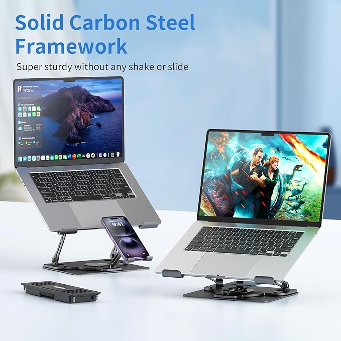 Laptop Cooling Pad with Detachable Fan & Cooler, 2-in-1 Laptop & Phone Stand, Adjustable Angle, 360° Rotatable Base, Carbon Steel, Ultra-Quiet & Super Sturdy for Laptop (Black)