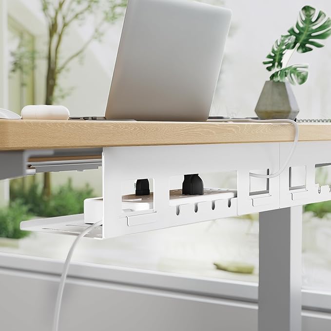 PEGZONE Under Desk Cable Management Tray, 31.5 Inches Metal Cord Organizer Rack, Desk Tray for Power Strip, Cord, Wire, Easy Mounting Cable Management Under Table for Home Office, White