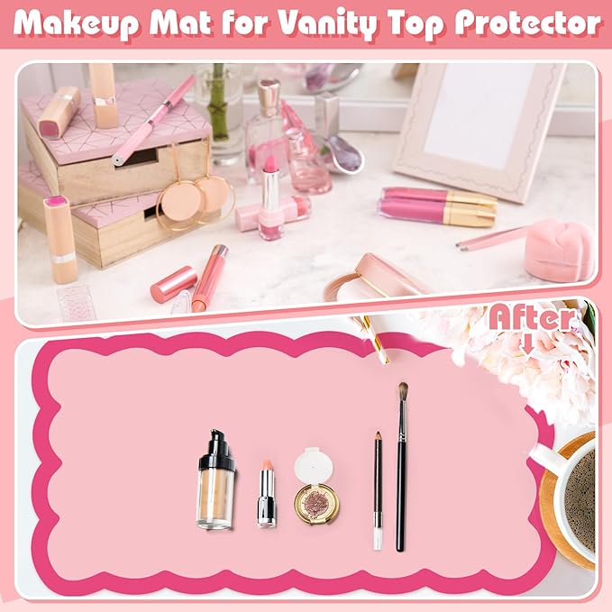 Teenyyou Makeup Mat for Vanity Protect Scalloped Makeup Mat 31.5 x 15.8'' Vanity Cover Top 2026 Graduation Gifts Dual-sided Dressing Table Pad Waterproof Mouse Pads for Dormitory Desktop(Pink)