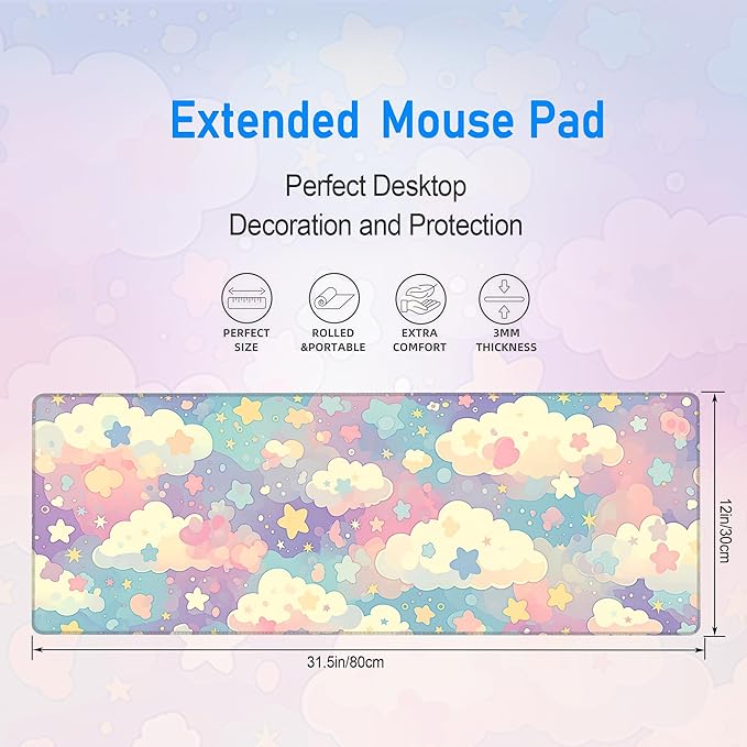 Cute Large Mousepad,Colorful Clouds and Stars Aesthetic Mouse Mat,Extended Pastel Pink Kawaii Women Office Desk Decor Mat,Girly Dreamy Mouse Pad for Work Game Office and Home,31.5 x 12in