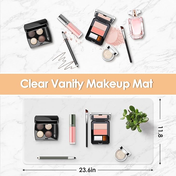 Makeup Mat for Vanity Top 23.6 x 11.8 in, PVC Desk Mat - Easy to Clean, Waterproof & Oilproof Vanity Accessories - Clear