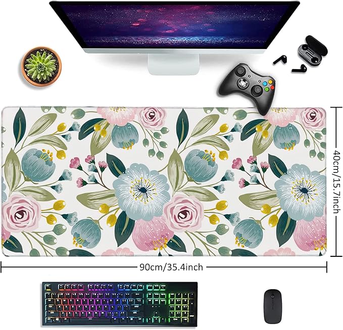 Lovely Floral with Spring Flowers Extended Gaming Mouse Pad Large Desk Mat with Non-Slip Rubber Base and Stitched Edges,Keyboard Mouse Mat Desk Pad for Work,Game,Office,Home 35.4 * 15.7 Inch