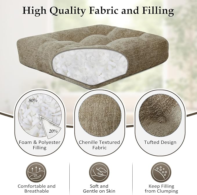 downluxe Chair Cushions for Dining Chairs 2 Pack, Tufted Indoor Chair Pads with Non-Slip Bottom, U-Shaped Kitchen Chair Cushions, 17"x17"x4", Khaki