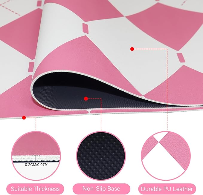 Non-Slip Checkered Desk Pad, PU Leather Computer Laptop Desk Mat, Waterproof Mouse Keyboard Pad, Desktop Protector and Cover, Computer Mat Desk Protector for Home & Office (Pink, 35.4" x 15.7")