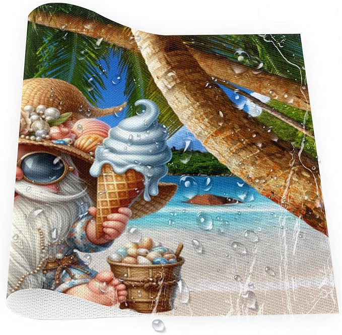 Placemats Set of 4 Heat-Resistant Rectangle Place Mats Beach Palm Gnomes Cute Washable Plastic PVC Dining Table Mat Non-Slip Wipeable Woven Vinyl Placemat for Kitchen Patio Table Decor