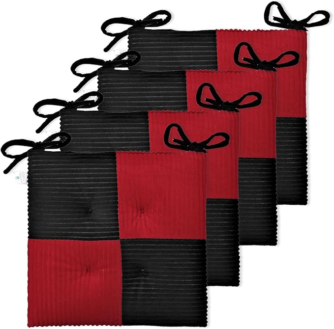 Office Stacking Chair Cushions 4 Pack, Corduroy High Density Foam Kitchen Seat Cushions with Ties, Square 17" x 17" Indoor Non-Slip Dining Chair Pads, Black+ Red，4pcs