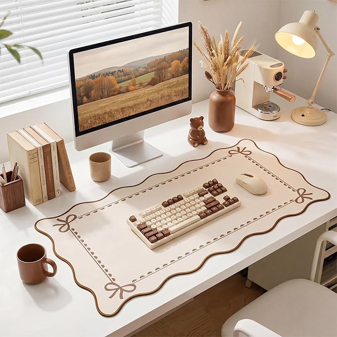 Scalloped Bow Desk Mat Cute Coquette Large Mouse Pad Kawaii Cottagecore ‌Vintage‌ Rustic Keyboard Pad Nonslip 2026 Graduation Gift with Stitching Waterproof Gaming(Light Khaki)
