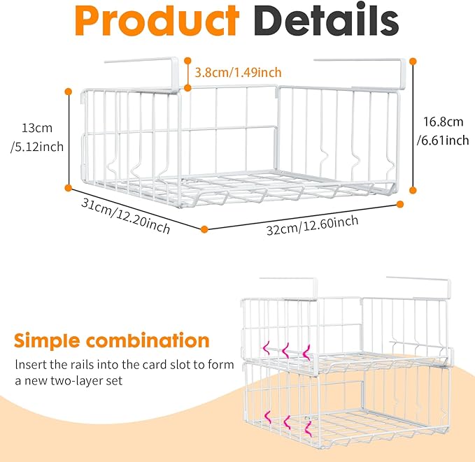 Hanging Under Shelf Storage Basket, 2 Pack Foldable Under Cabinet Metal Desk Storage Wire Rack Organizer for Kitchen Pantry Bookshelf Office Home, Easy to Install Slide-in Under Shelves (White)
