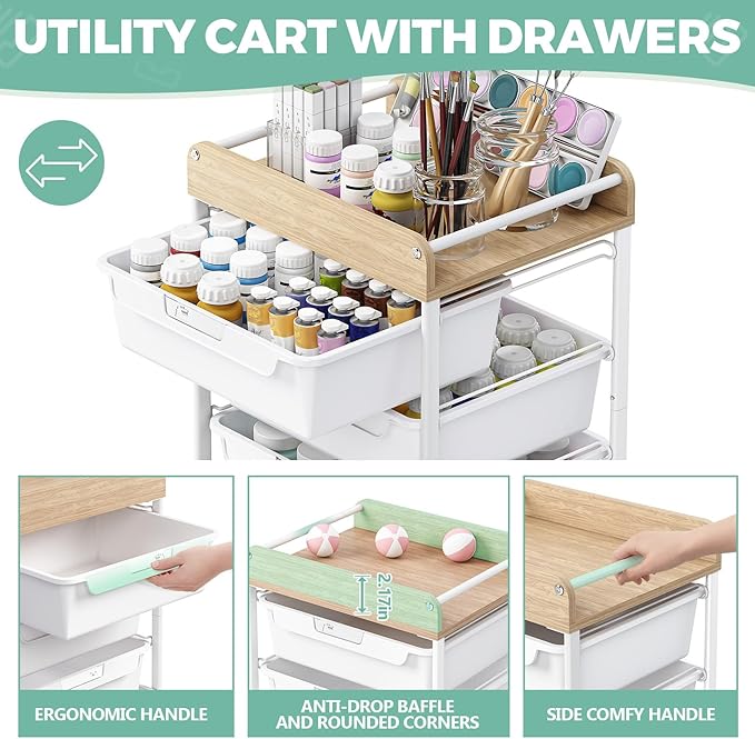 SYKIARIOL Rolling Cart with 5 Drawers,Art Craft Cart,Storage Utility Cart with Wheels,Makeup Organizer with Wooden Tabletop,White