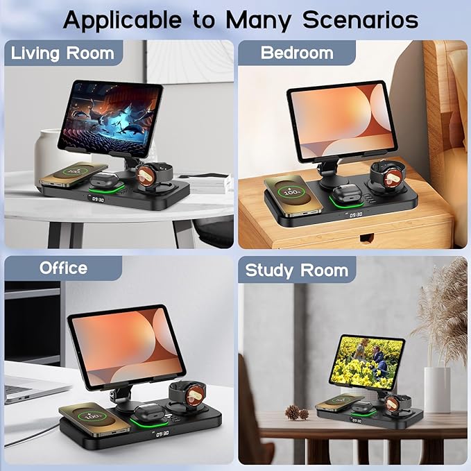 30W Tablet Wireless Charger for Samsung, Foldable Android Charging Station with Clock Display with 7-Color Light, Wireless Watch Charger for S25, Only Compatible Samsung Watch, Galaxy Buds3 Pro(Black)