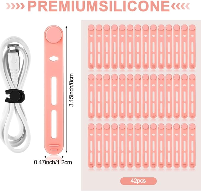 Tellegloww 42 Pcs Silicone Cable Ties Reusable Cord Organizer Adjustable Data Cable Wraps for Earphone Phone Charger Computer Cord Management Straps Travel Essentials(Pink,3.15 Inch)