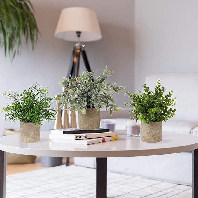 Briful 3 Pack Mini Faux Potted Plant Artificial Eucalyptus Plant Fake Topiaries Plant for Home Table Office Room Desk Bathroom Shelf Kitchen Rustic Farmhouse Mantel Decor