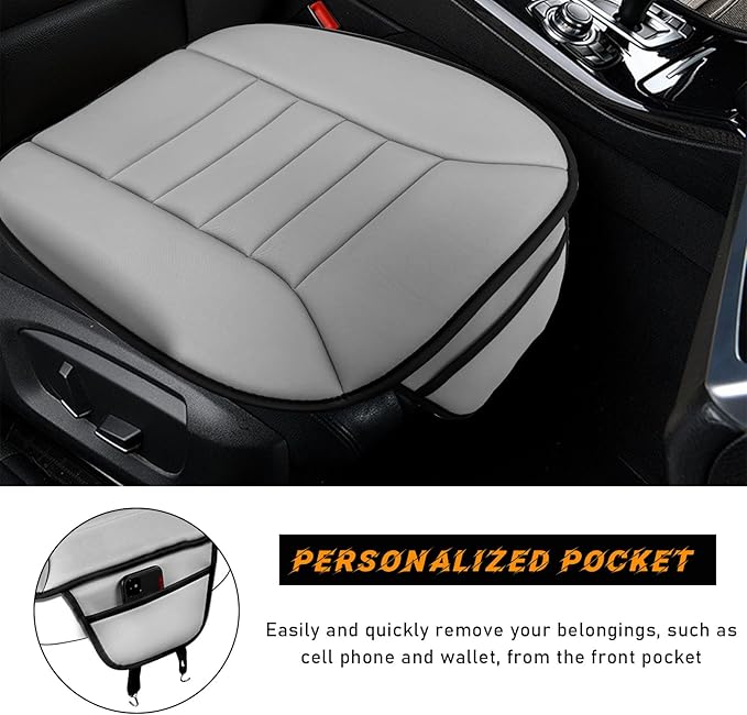 povtii Car Seat Cushion with Front Pocket, Non-Slip Bottom Cushion for Car Driver Office or Home Chair, Breathable Pressure Relief Seat Pad with Memory Foam, Car Accessories (Gray)