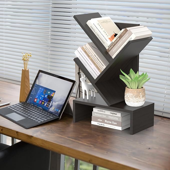 Godferyxin Small Bookshelf with Drawer for Desk,Compact Wood Book Organizer for Home Office, Bedroom, or School, 4-Tier Mini Bookcase with Storage for Decor