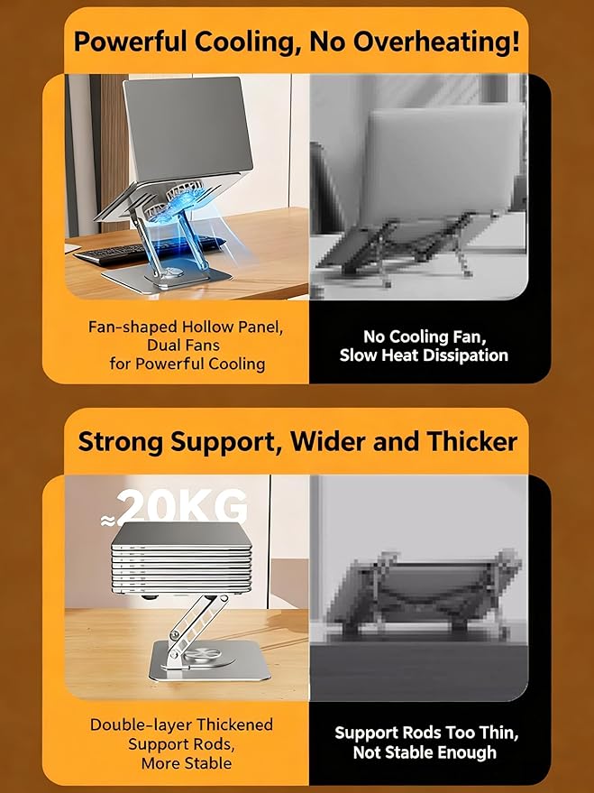 Selbst Laptop Stand for Desk with Quiet Cooling Fans - 360 Rotating Base Ergonomic Computer Stand, Aluminum Laptop Riser Foldable Protable for Office Home fits MacBook Air Pro, Dell, HP (10-17.3'')
