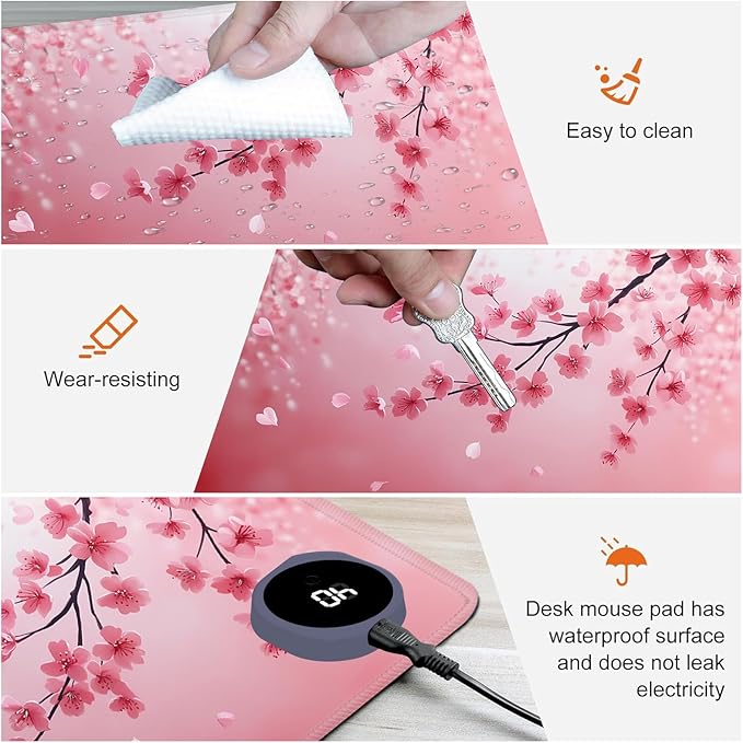 Heated Mouse Pad,Warm Desk Pad with 3 Levels Heating & 3 Hours Auto Shut-Off, PU Leather Heated Desk Pad Warmer Pad for Home Office - 23.6 x 14.2 inch,Cherry Blossoms