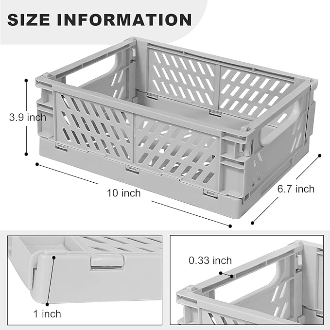 Tobeso-Nuoze Pastel Plastic Storage Baskets 2 Pack, Collapsible Crates for Organizing, Space-Saving Bins for Kitchen, Office, Bedroom (Grey, Medium:9.8" x 6.5" x 3.8")
